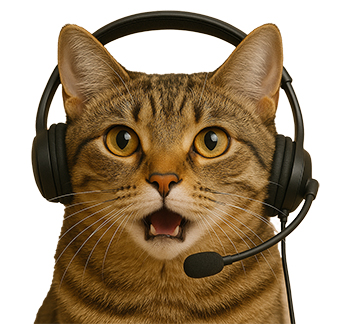 Cat wearing a headset ready to help with customer support